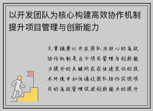 以开发团队为核心构建高效协作机制提升项目管理与创新能力 以开发团队为核心构建高效协作机制提升项目管理与创新能力